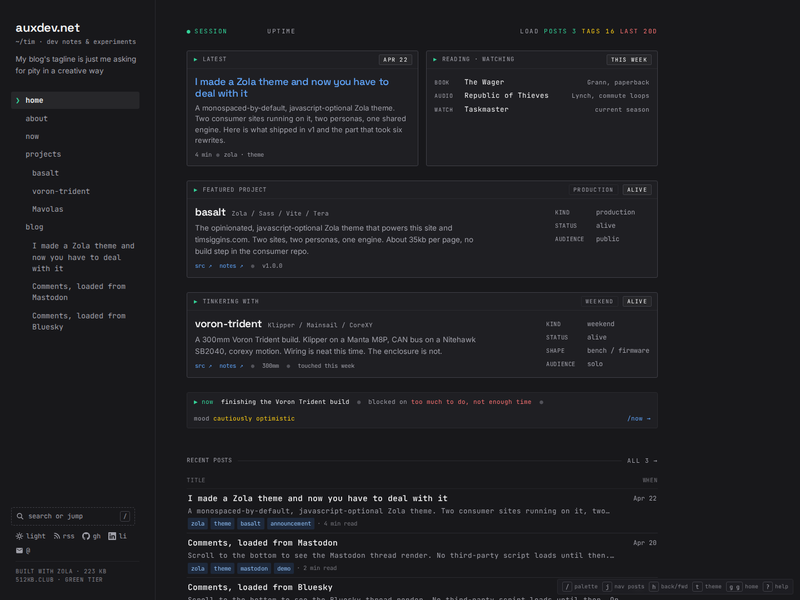 basalt homepage on auxdev.net, desktop, dark theme