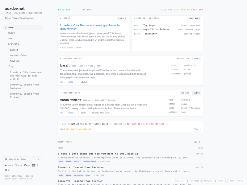 basalt homepage on auxdev.net, desktop, light theme